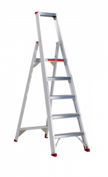 Beidseitig begehbare Stufenstehleiter mit C-Holm Konzept, 80 mm Stufen, Spreizsicherung durch Perlongurte und extra großen Leiterschuhen