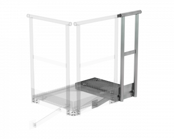 Erweiterungspodest aus Stahl mit Gitterrostbelag, Geländer und Anbaukonsole – modular kombinierbar und hochbelastbar für sichere Steigleiterzugänge.