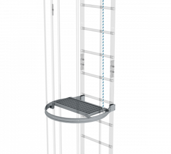 Klappbare Zwischenplattform für Steigleitern, Ruhepodest aus Aluminium, Stahl verzinkt oder Edelstahl V2A mit Befestigungsbügel und Zugseil