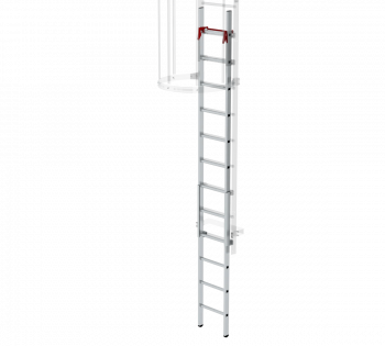 Notabstiegsleiter aus Aluminium mit automatischer Auslösung über Hebel, geeignet als Zugangssicherung für Steigleitern ab 5.900 mm Steighöhe.