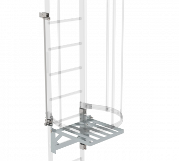 Drehbare Zugangssicherung aus verzinktem Stahl mit Kipphebel-Verriegelung, beidseitig montierbar und ideal für Notleiteranlagen.