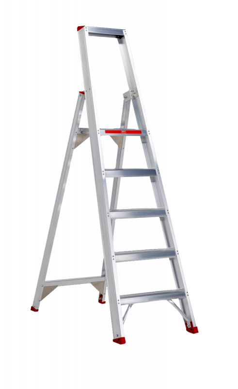 Beidseitig begehbare Stufenstehleiter mit C-Holm Konzept, 80 mm Stufen, Spreizsicherung durch Perlongurte und extra großen Leiterschuhen