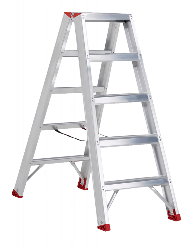 Beidseitig begehbare Stufenstehleiter mit C-Holm Konzept, 80 mm Stufen, Spreizsicherung durch Perlongurte und extra großen Leiterschuhen