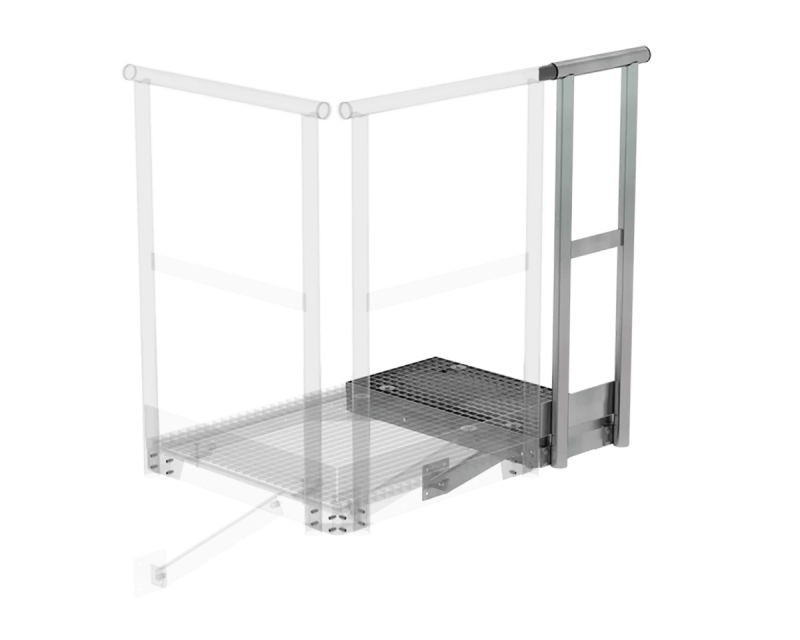 Erweiterungspodest aus Stahl mit Gitterrostbelag, Geländer und Anbaukonsole – modular kombinierbar und hochbelastbar für sichere Steigleiterzugänge.