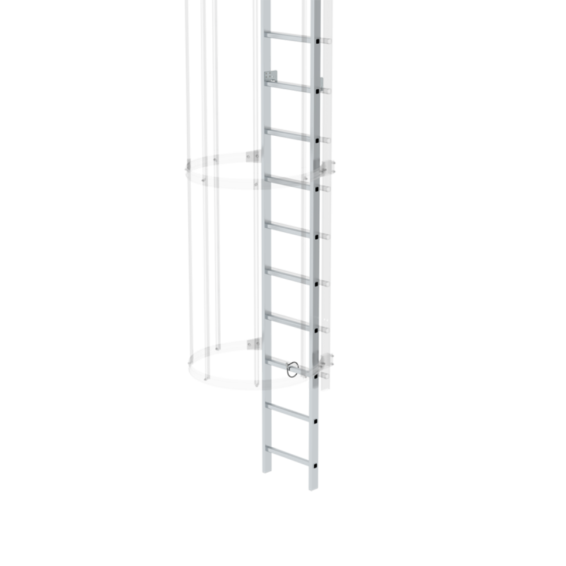 Zugangssicherung aus Aluminium für Einstiegsleiter, abschließbar und hochhängbar, geeignet für Steighöhen ab 4,50 m, nach DIN 18799-3.