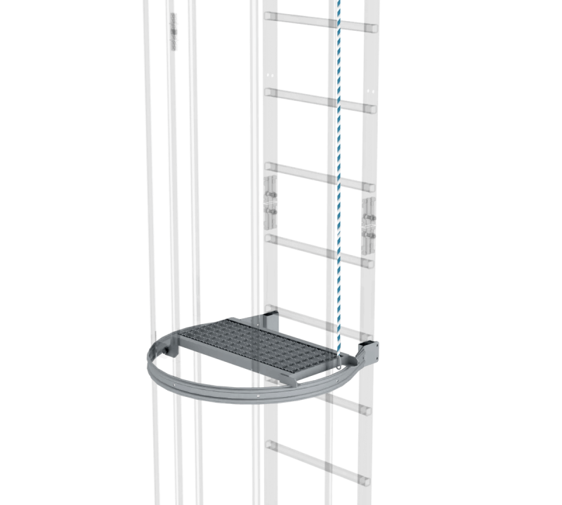 Klappbare Zwischenplattform für Steigleitern, Ruhepodest aus Aluminium, Stahl verzinkt oder Edelstahl V2A mit Befestigungsbügel und Zugseil