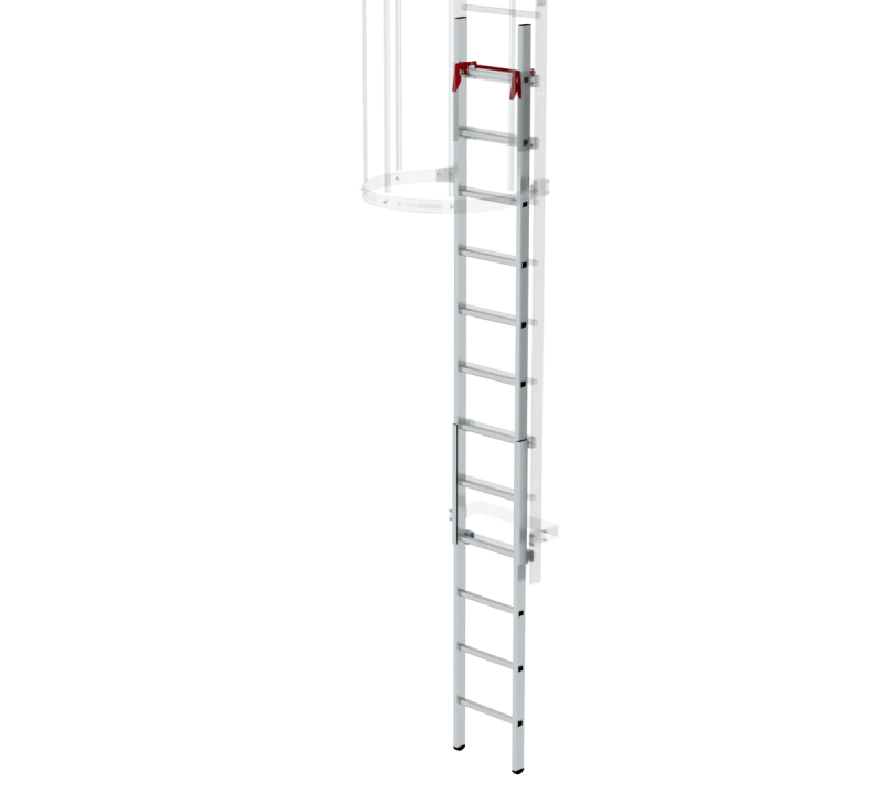 Notabstiegsleiter aus Aluminium mit automatischer Auslösung über Hebel, geeignet als Zugangssicherung für Steigleitern ab 5.900 mm Steighöhe.