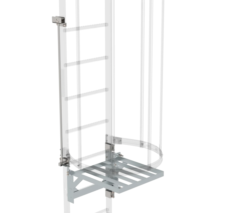 Drehbare Zugangssicherung aus verzinktem Stahl mit Kipphebel-Verriegelung, beidseitig montierbar und ideal für Notleiteranlagen.